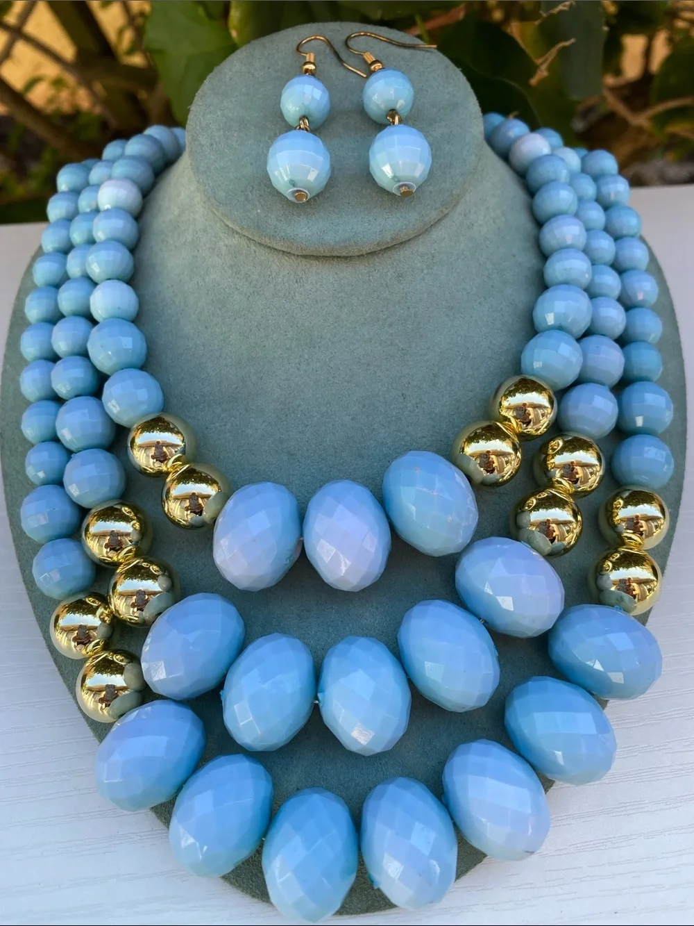 Baby Blue Faceted Bead 3 Strand Statement Necklace & Earrings Set Gold Tone